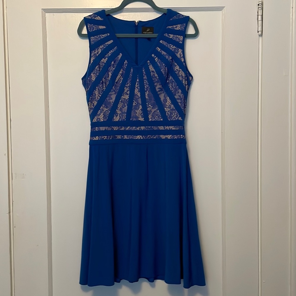Adrianna Papell royal blue lace illusion fit and flare dress size 8
